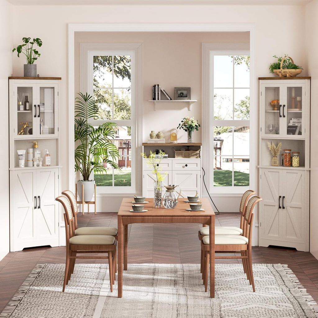 67''H Tall Corner Cabinet with 4 Tempered Glass Doors and Barn Doors, Farmhouse Storage Cabinet with 2 Adjustable Shelves, Home Pantry Hutch for Kitchen, Dining Living Room, Bathroom, Antique White