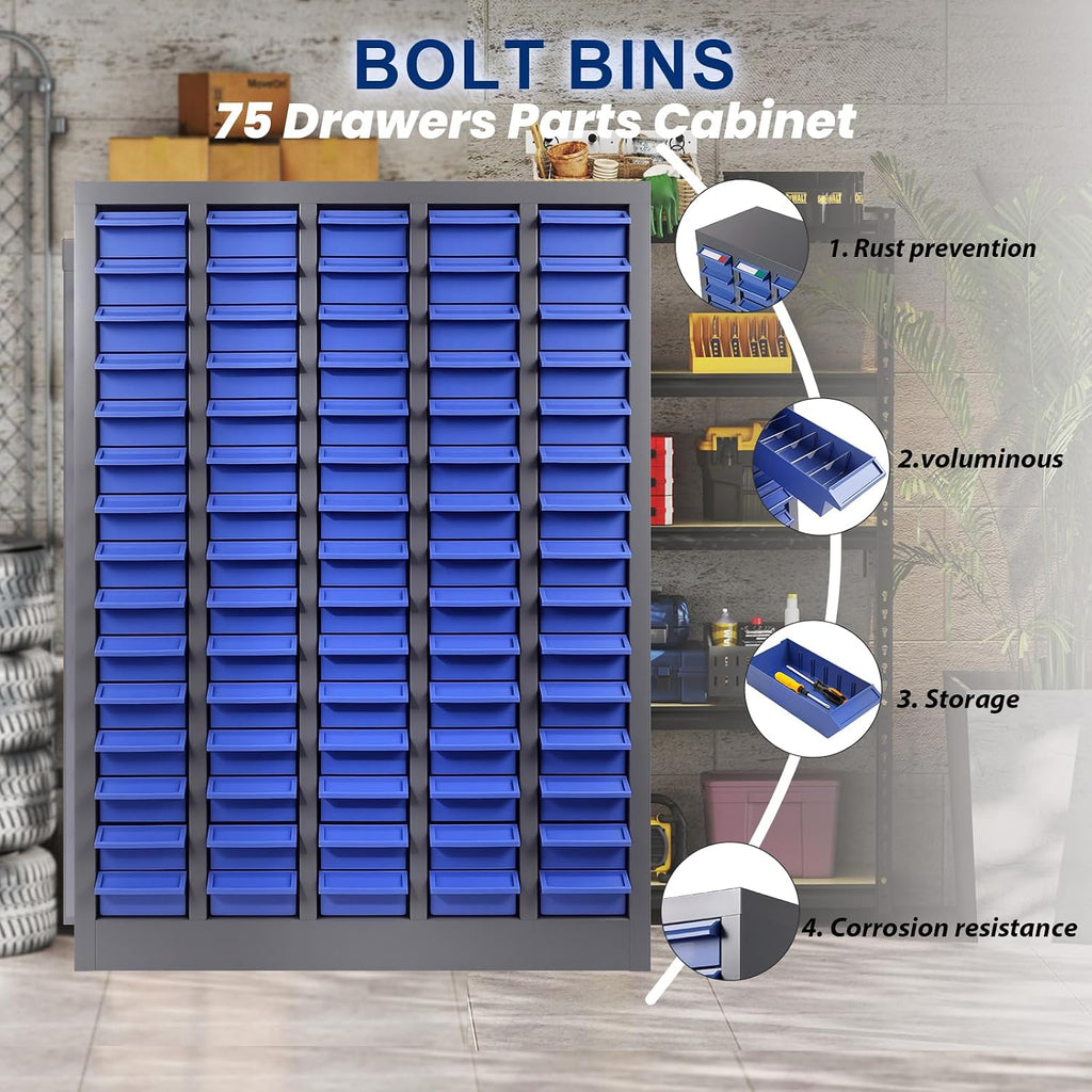 75 Drawer Small Parts Organizer Cabinet with ABS Drawers, Nuts and Bolts and Screw Organizer with Dividers, Hardware Storage with Label Slots, Metal Parts Cabinet for Garage Workshop