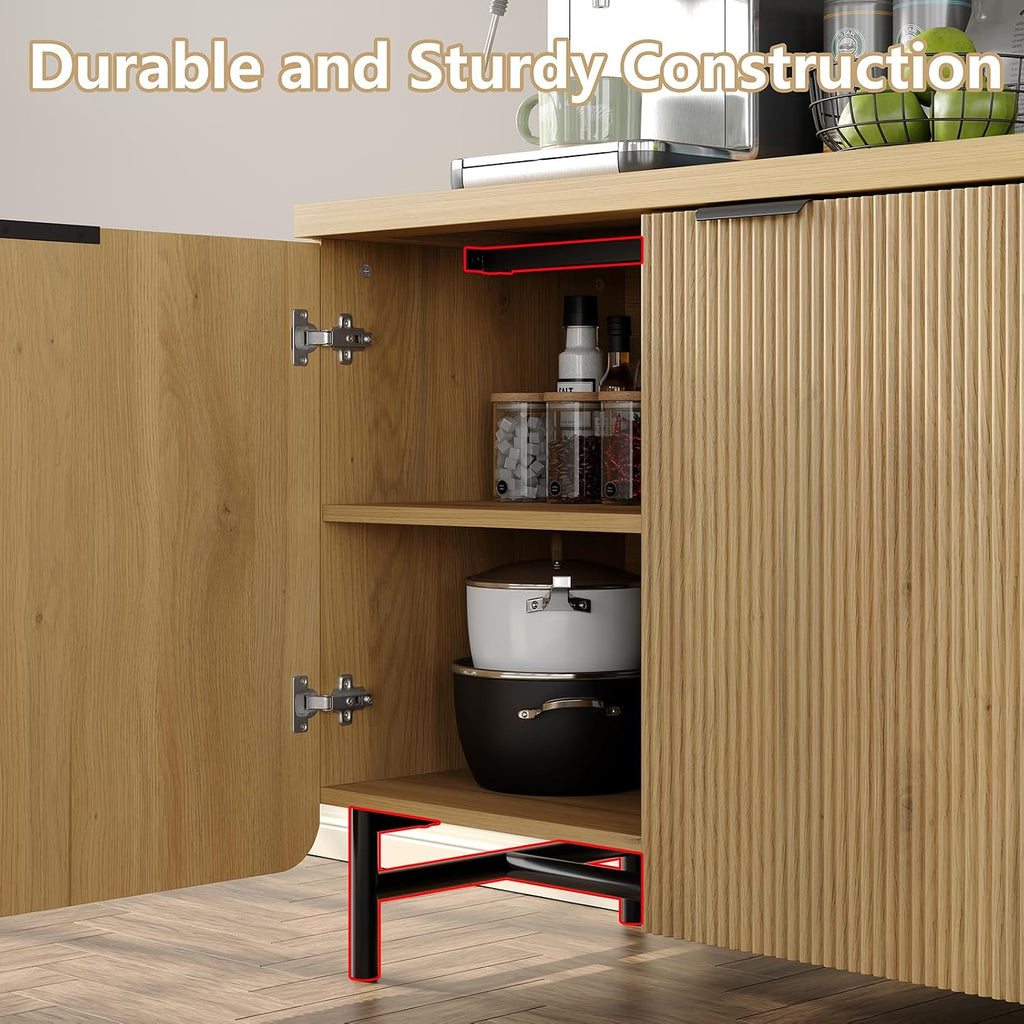 Furniouse Buffet Cabinet with Storage 66.2''W Modern Sideboard with 4 Fluted Doors & Shelves Wood Kitchen Buffet Table Fluted Cabinet for Living Room, Natural Oak