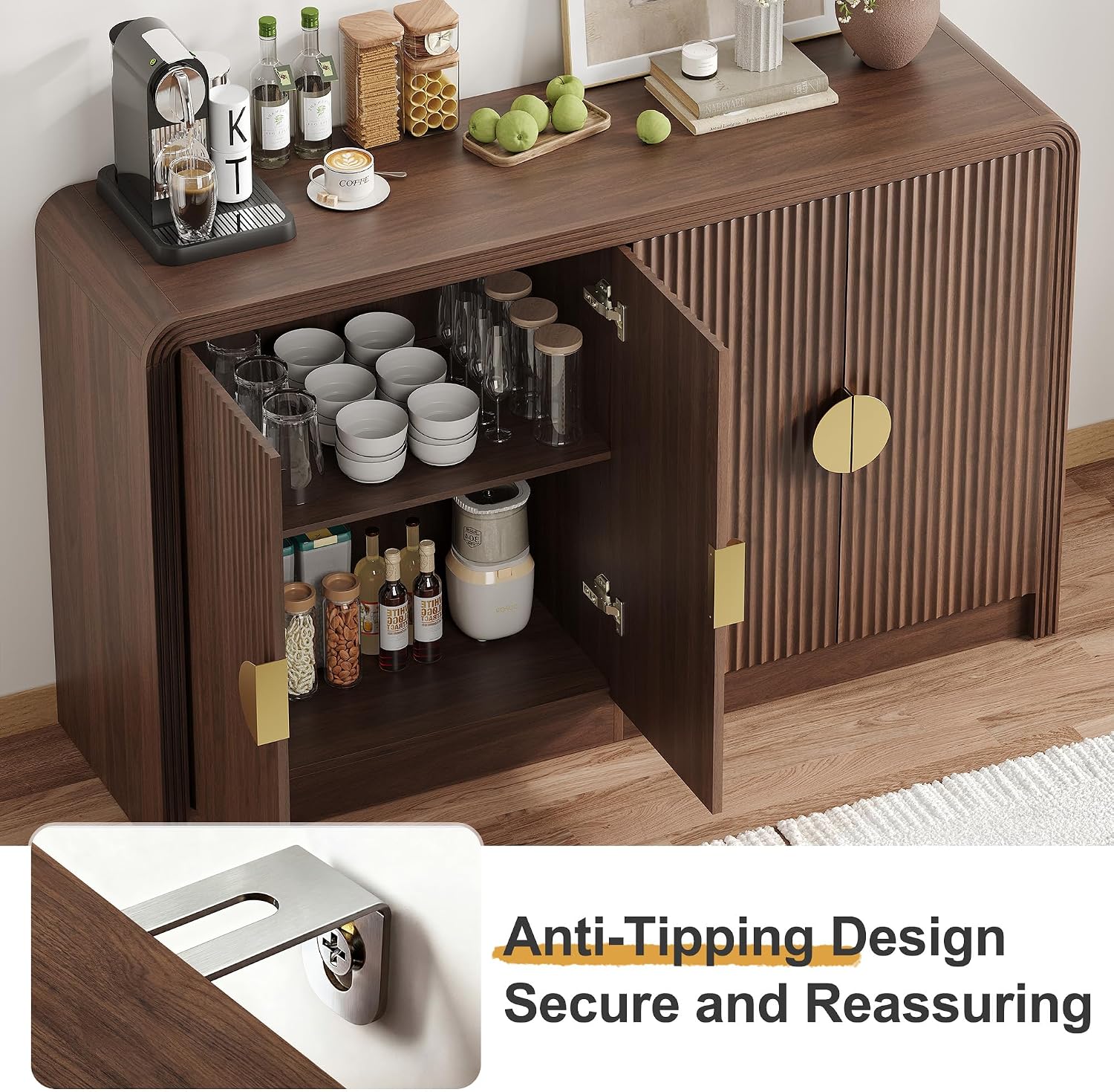 Decofy 55' Buffet Sideboard Cabinet, Mid Century Modern Console Cabinet with Wavy Grain Doors & Adjustable Shelves for Kitchen Cabinets, Living Room, Entryway, Coffee Bar Cabinet, Walnut
