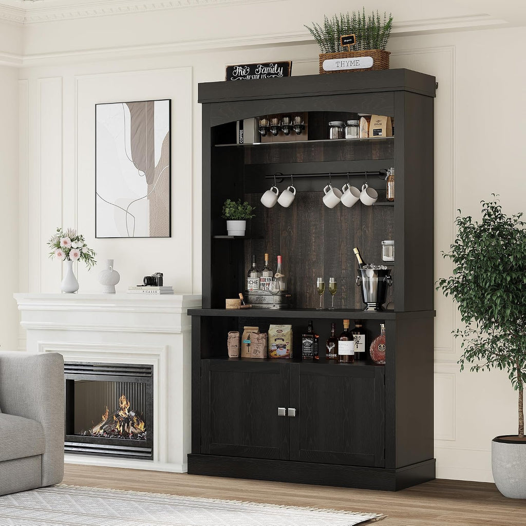 GarveeHome Coffee Bar Cabinet with LED Lights,72 '' Tall Buffet Cabinet with Storage,Farmhouse Kitchen Sideboard Tall Coffee Hutch with Microwave Stand/Wine Rack/Glass Shelf Dining Room (Black)