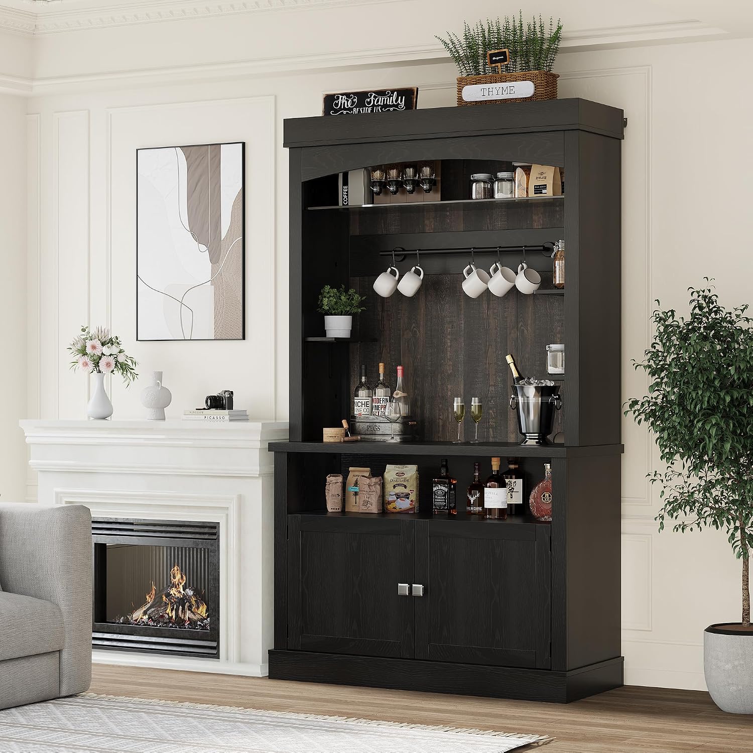 GarveeHome Coffee Bar Cabinet with LED Lights,72 '' Tall Buffet Cabinet with Storage,Farmhouse Kitchen Sideboard Tall Coffee Hutch with Microwave Stand/Wine Rack/Glass Shelf Dining Room (Black)