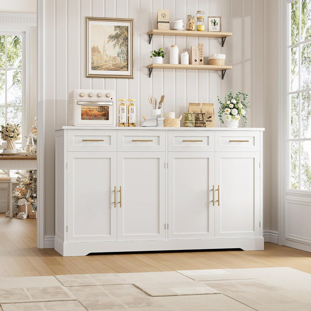 HOSTACK 60' Large Buffet Sideboard with Storage, 36' Tall Kitchen Buffet Storage Cabinet with 4 Drawers, Modern Coffee Bar Cabinet with Gold Handles, Long Sideboard Buffet Table for Kichen, White