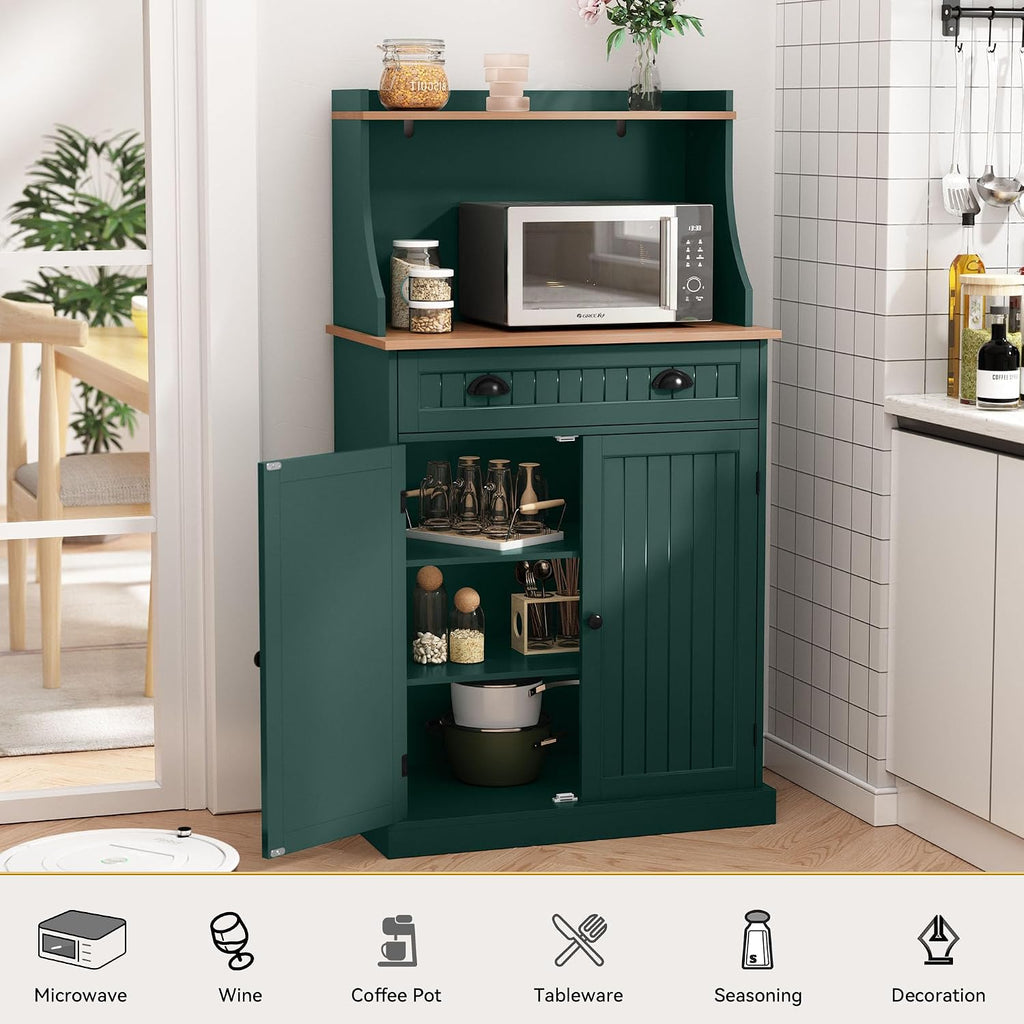 ARTPOWER 54' Kitchen Microwave Cabinet/Stand with Storage and Drawers, Green Pantry Storage Cabinet with Hutch & Adjustable Shelves for Kitchen, Dining Room, Living Room, Hallway