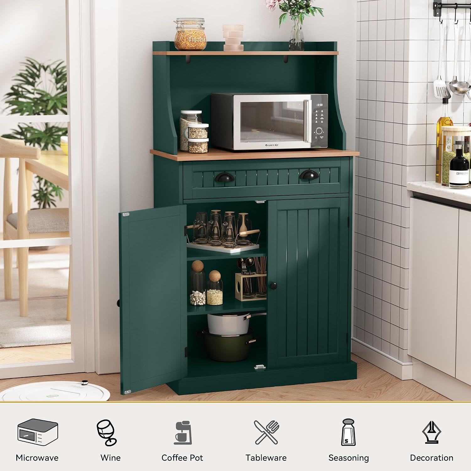 ARTPOWER 54' Kitchen Microwave Cabinet/Stand with Storage and Drawers, Green Pantry Storage Cabinet with Hutch & Adjustable Shelves for Kitchen, Dining Room, Living Room, Hallway