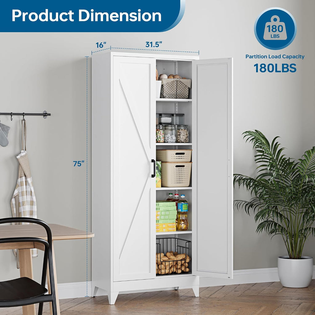 PEUKC 75' Farmhouse Metal Storage Cabinet with Doors and 4 Adjustable Shelves, Large Pantry Organizer for Kitchen, Dining Room, and Living Room,Assemble Require(White)