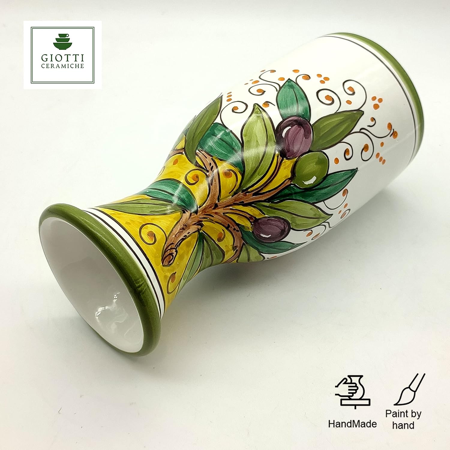 Italian Ceramic Wine Jug Olives - 16.9 oz Hand Painted Utensil Holder Or Carafe Design for Kitchen - Made in ITALY Tuscany - Italian Pottery Vase Jar for Wine - Home Decor Ceramics Dispenser