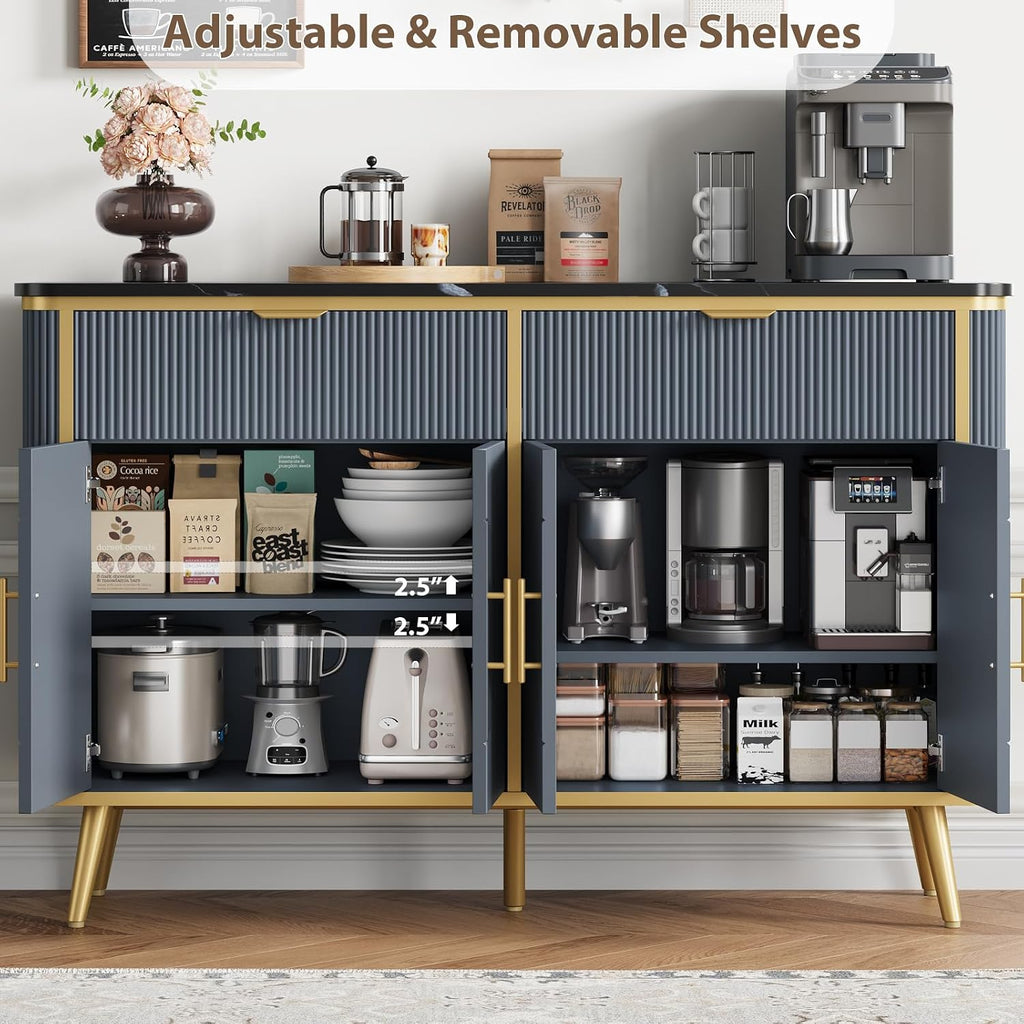 47.2' Buffet Storage Cabinet, Modern Fluted Coffee Bar Station with 2 Drawers & Adjustable Shelves, Kitchen Sideboard Buffet for Dining Room, Living Room, Hallway, Navy Blue