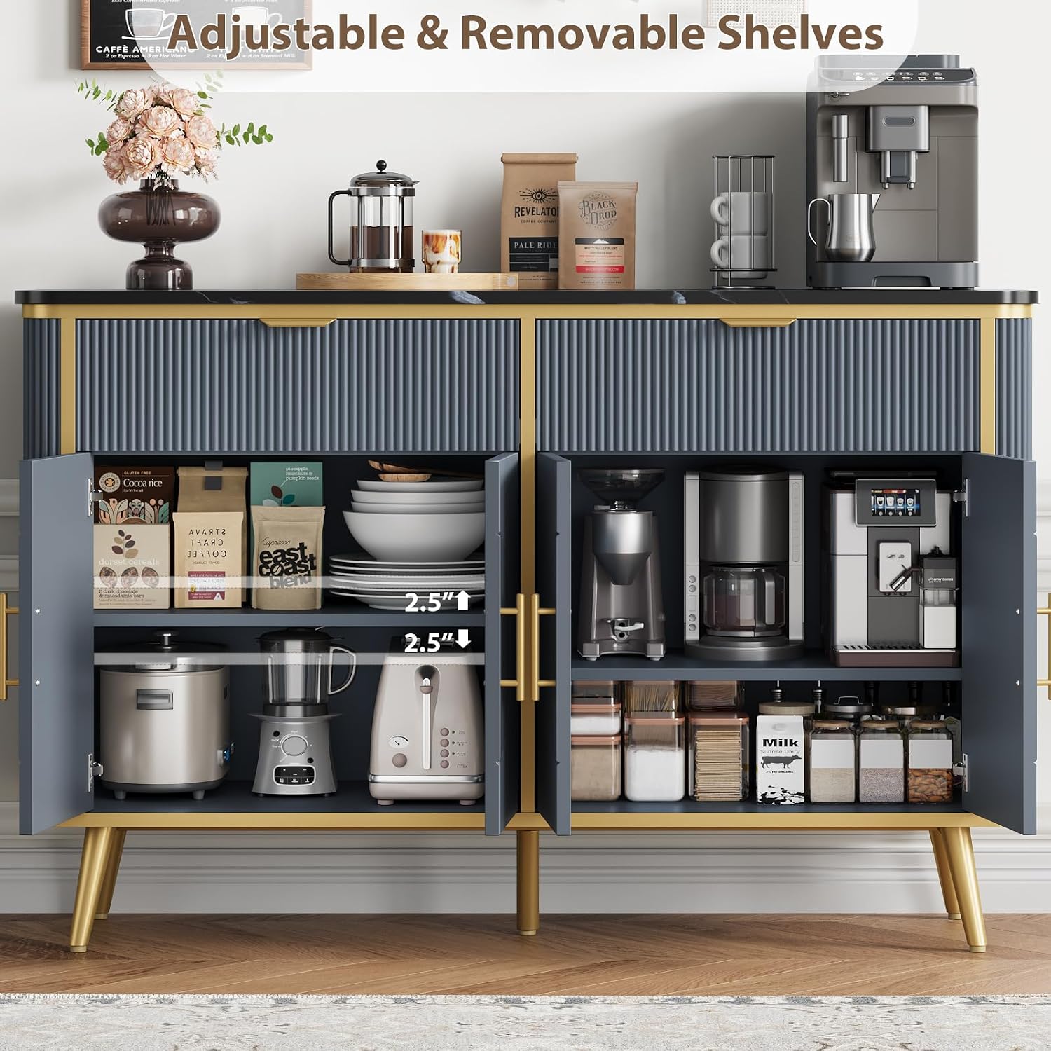 47.2' Buffet Storage Cabinet, Modern Fluted Coffee Bar Station with 2 Drawers & Adjustable Shelves, Kitchen Sideboard Buffet for Dining Room, Living Room, Hallway, Navy Blue