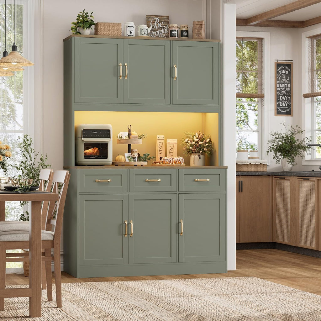 HOSTACK 72' Tall Kitchen Pantry Cabinet with Charing Station | LED Lights, 47' W Kitchen Pantry Storage Cabinet with Countertop, Modern Kitchens Hutch Cabinets with Storage for Dining Room, Green