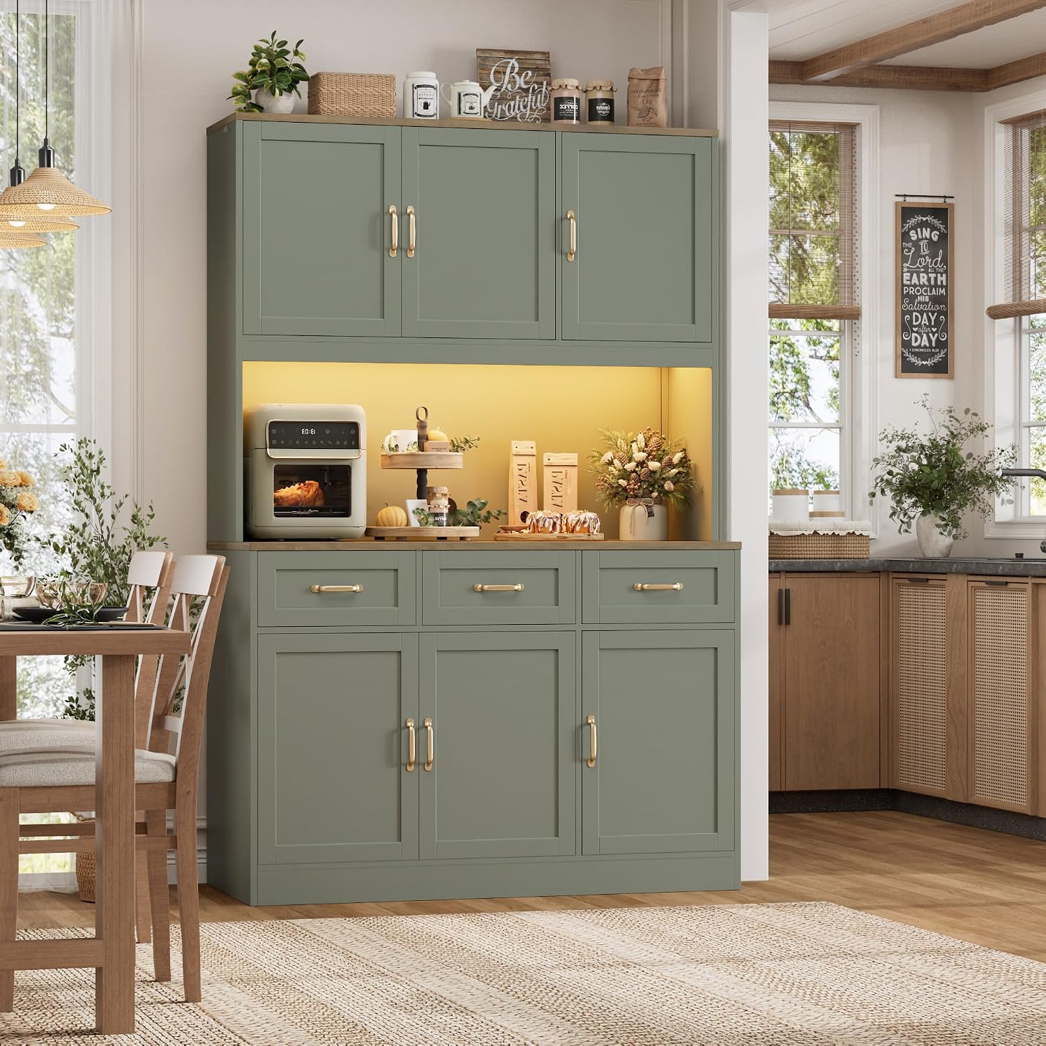 HOSTACK 72' Tall Kitchen Pantry Cabinet with Charing Station | LED Lights, 47' W Kitchen Pantry Storage Cabinet with Countertop, Modern Kitchens Hutch Cabinets with Storage for Dining Room, Green