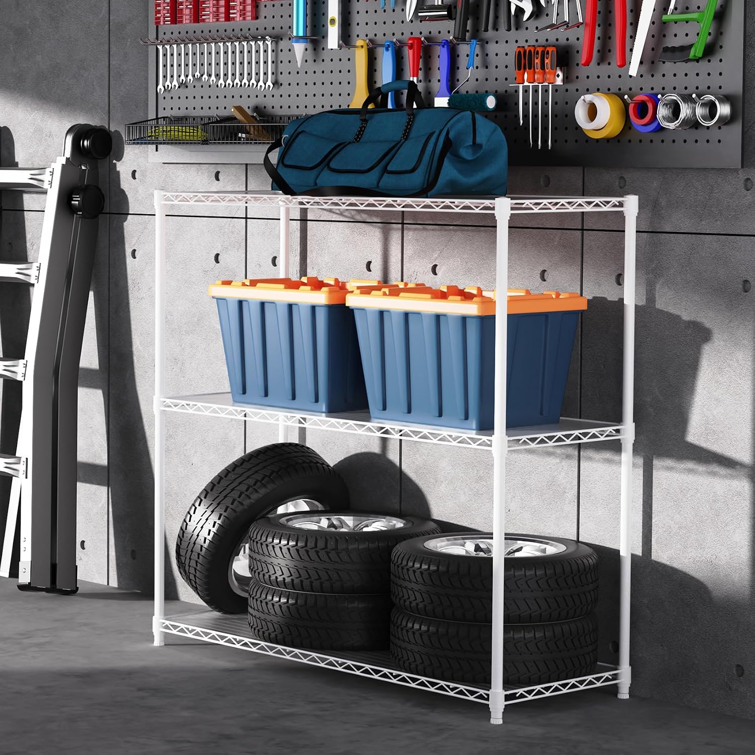 pouseayar 3 Tier NSF Metal Shelf Wire Shelving Unit, 1050lbs Capacity Heavy Duty Adjustable Storage Rack with Shelf Liners - 48' H x 48' L x 18' D for Closet Kitchen Garage Basement and More - White