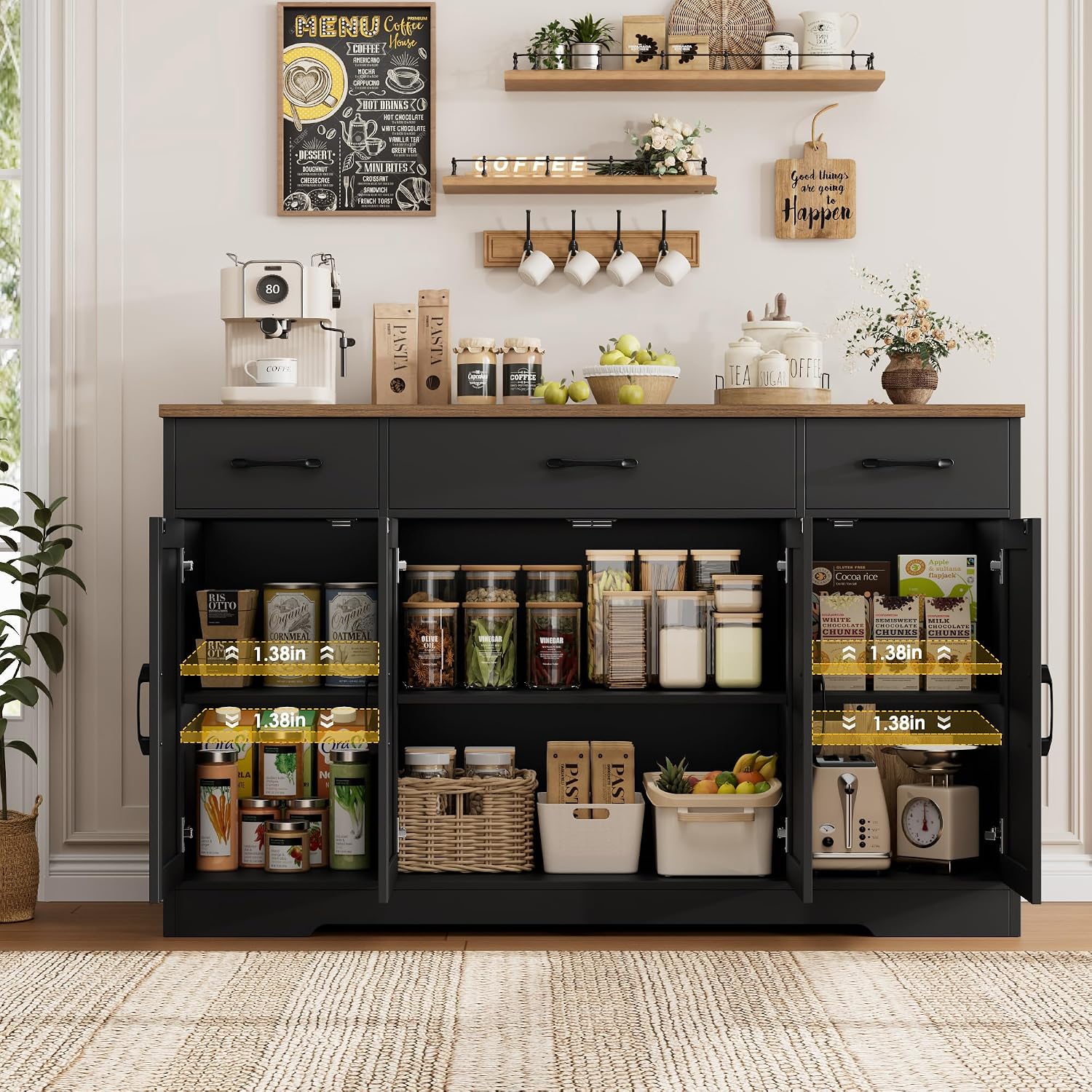 HOSTACK Buffet Sideboard Cabinet with Drawers, 55' Large Buffet Storage Cabinet with Shelves and Doors, Modern Farmhouse Coffee Bar Station for Kitchen, Dining Room, Black/Rustic Brown