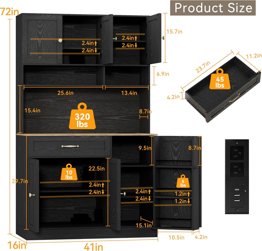 FJTJBSI 72' Kitchen Pantry Cabinet with LED Light and Charging Station Tall Pantry Storage Cabinet with Adjustable Shelves and Door Shelves Modern Kitchen Hutch with Countertop Black