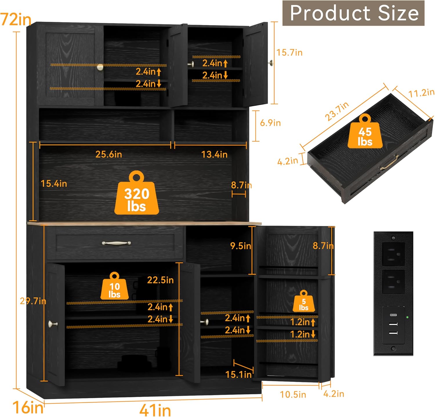 FJTJBSI 72' Kitchen Pantry Cabinet with LED Light and Charging Station Tall Pantry Storage Cabinet with Adjustable Shelves and Door Shelves Modern Kitchen Hutch with Countertop Black