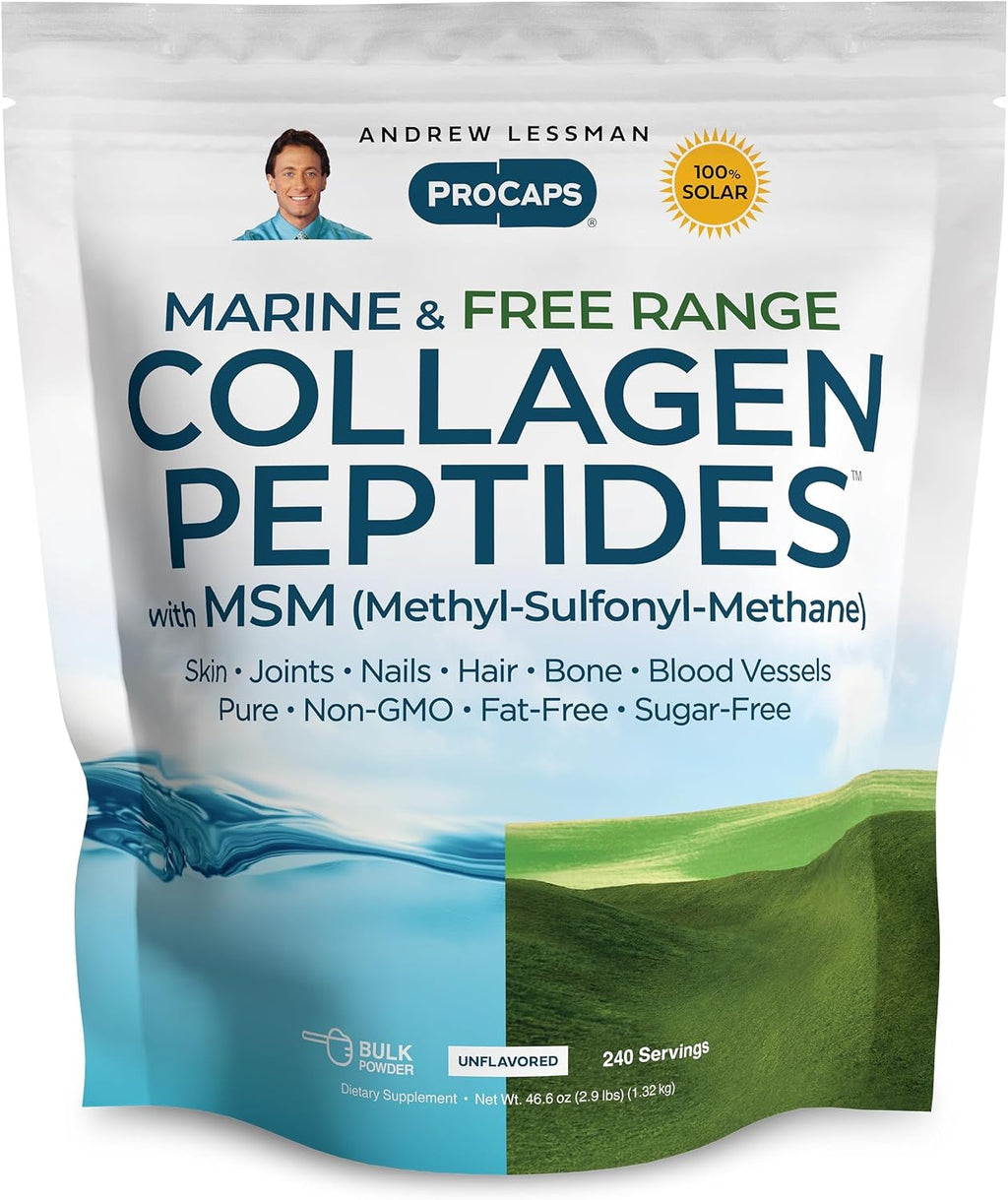ANDREW LESSMAN Marine, Free Range Collagen Peptides Powder and MSM 240 Servings - Supports Radiant Smooth Soft Skin, Comfortable Joints. Super Soluble No Fishy Flavor No Additives Non-GMO