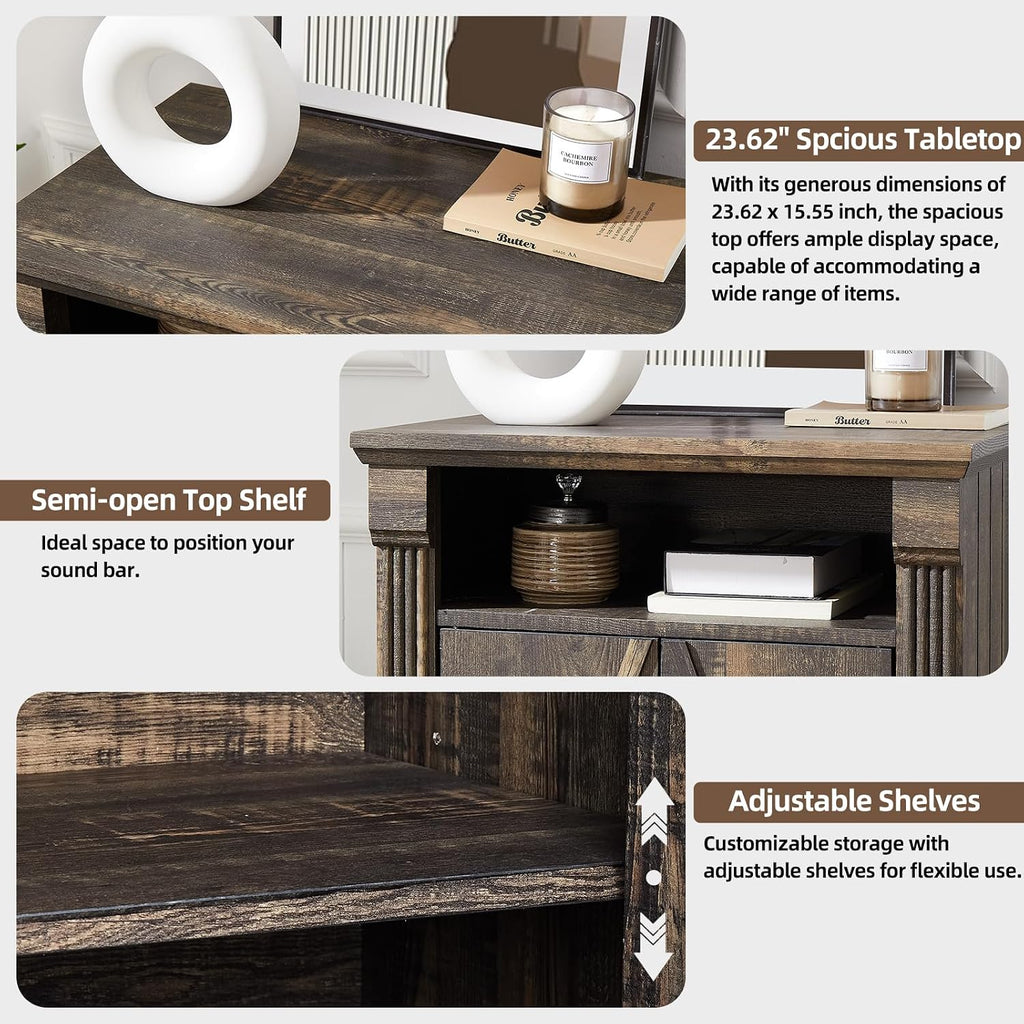 24' Farmhouse Storage Cabinet with Barn Doors, Dark Rustic Oak Freestanding Sideboard Buffet with Adjustable Shelf, Pantry Hutch Coffee Bar for Kitchen Bathroom Living Room - Small Floor Cabinet