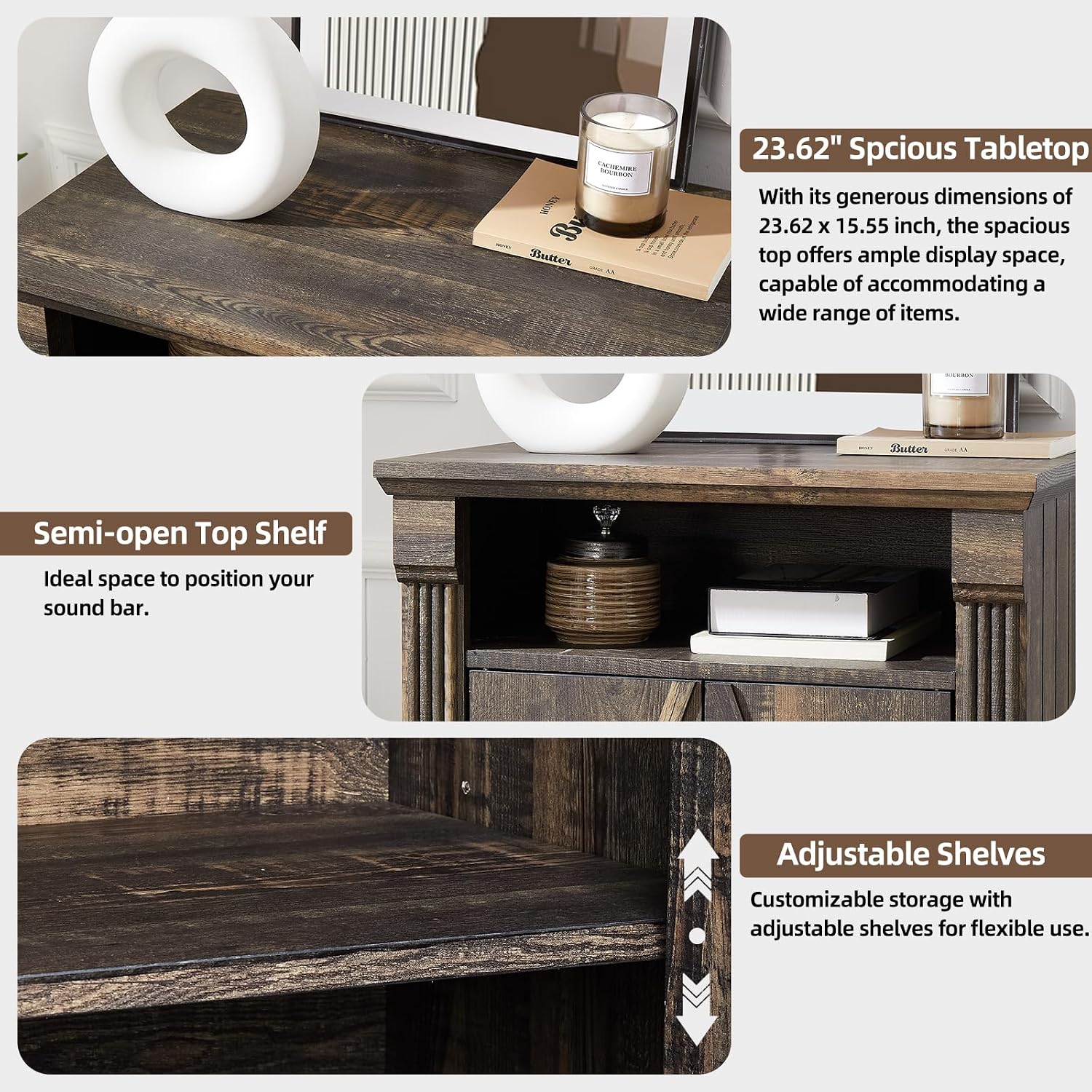 24' Farmhouse Storage Cabinet with Barn Doors, Dark Rustic Oak Freestanding Sideboard Buffet with Adjustable Shelf, Pantry Hutch Coffee Bar for Kitchen Bathroom Living Room - Small Floor Cabinet