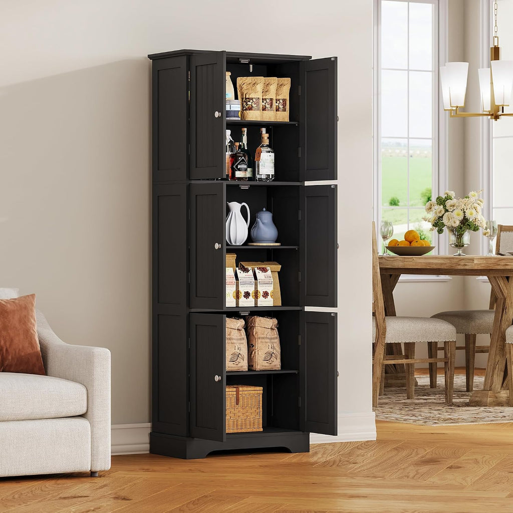 ChooChoo Tall Bathroom Storage Cabinet with 6 Doors, Freestanding Floor Cabinet with Adjustable Shelves, Black Pantry Cabinet for Bathroom, Kitchen, Laundry Room