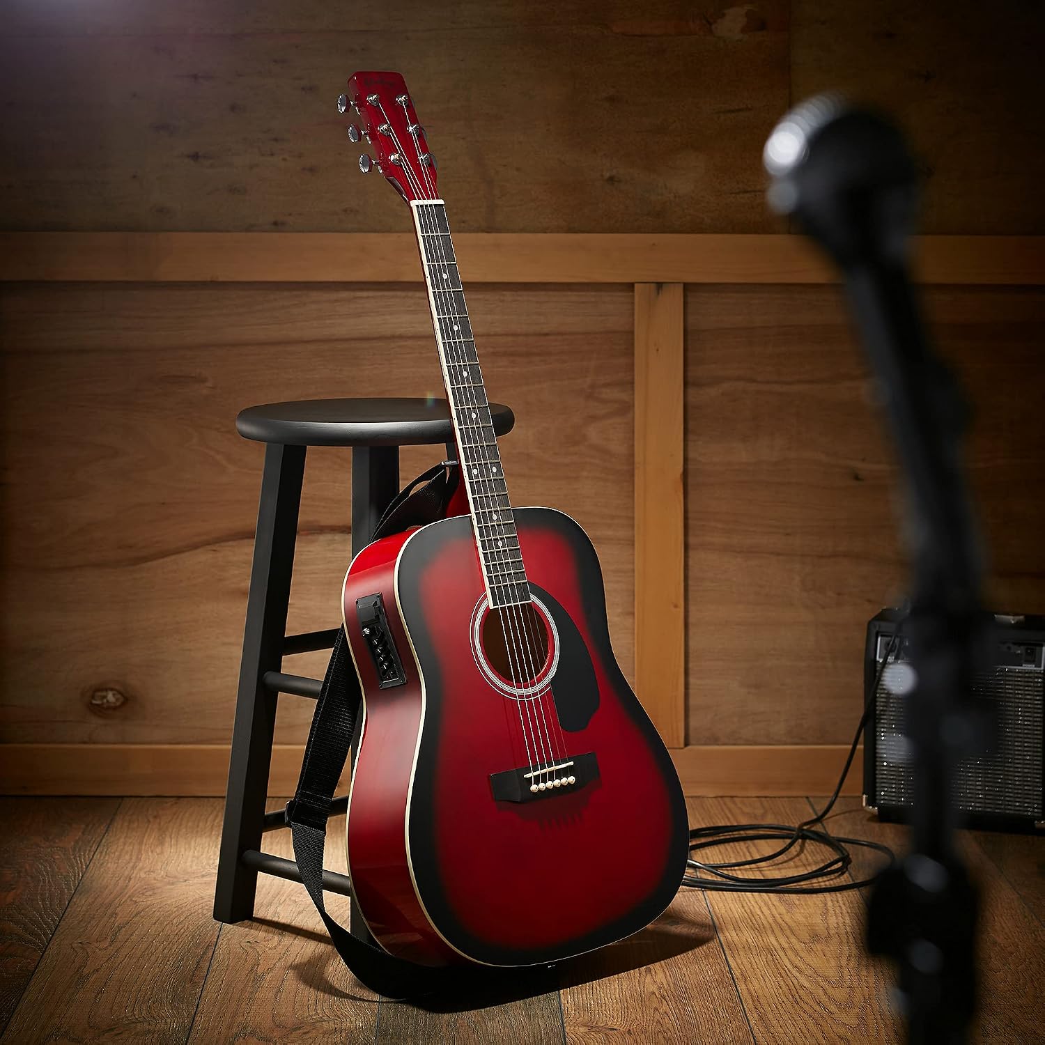 Ashthorpe Full-Size Dreadnought Acoustic-Electric Guitar Bundle - Premium Tonewoods - Red