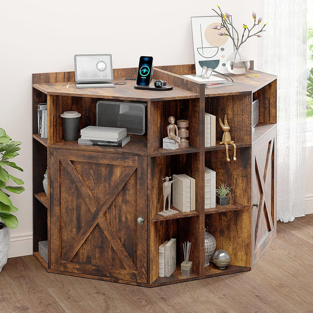 Vabches Corner Cabinet, Corner Storage Shelf with USB Ports and Outlets Industrial Organizer for Small Space Wooden 6-Cubby Bookshelf for Study, Playroom, Living Room (Amber Pine)