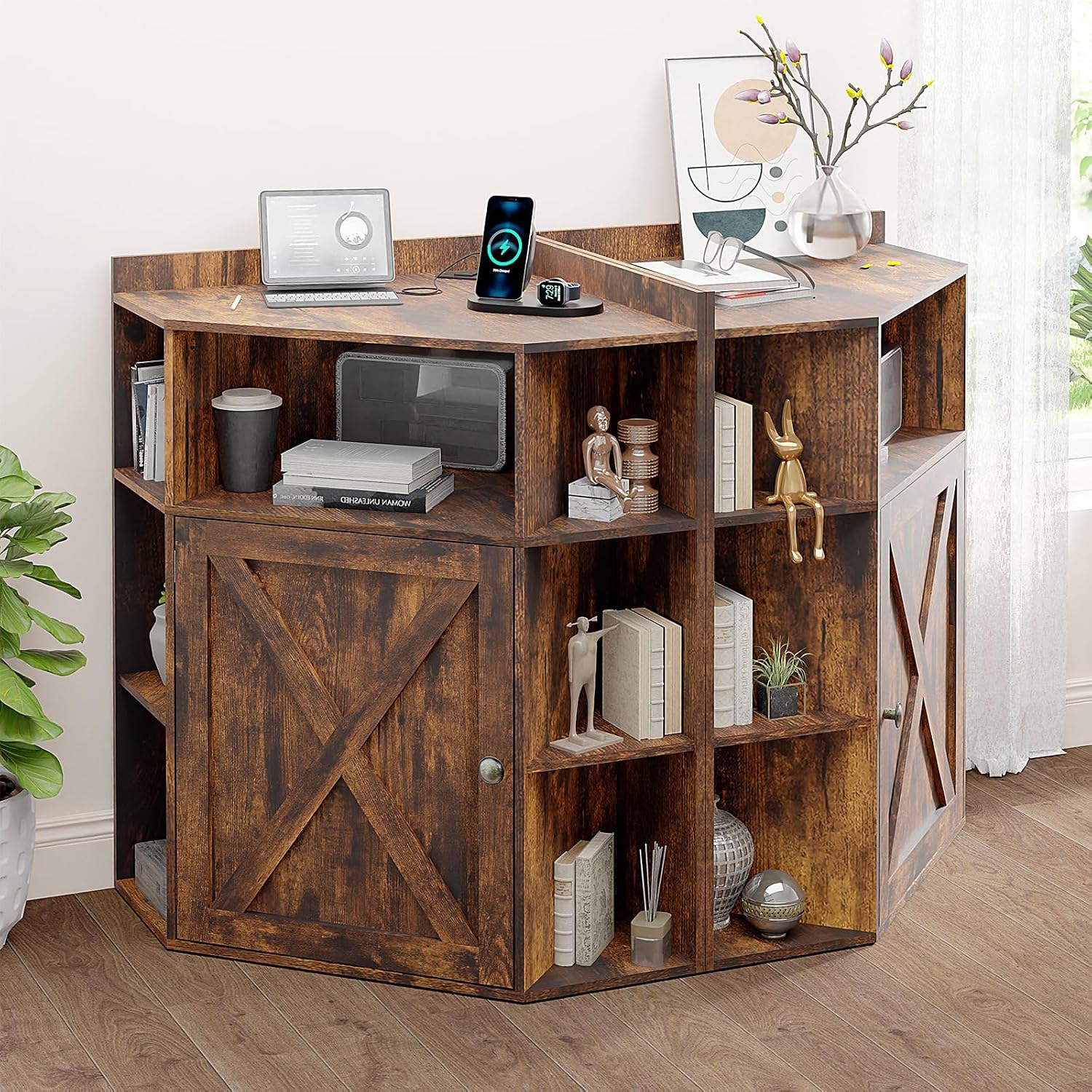 Vabches Corner Cabinet, Corner Storage Shelf with USB Ports and Outlets Industrial Organizer for Small Space Wooden 6-Cubby Bookshelf for Study, Playroom, Living Room (Amber Pine)