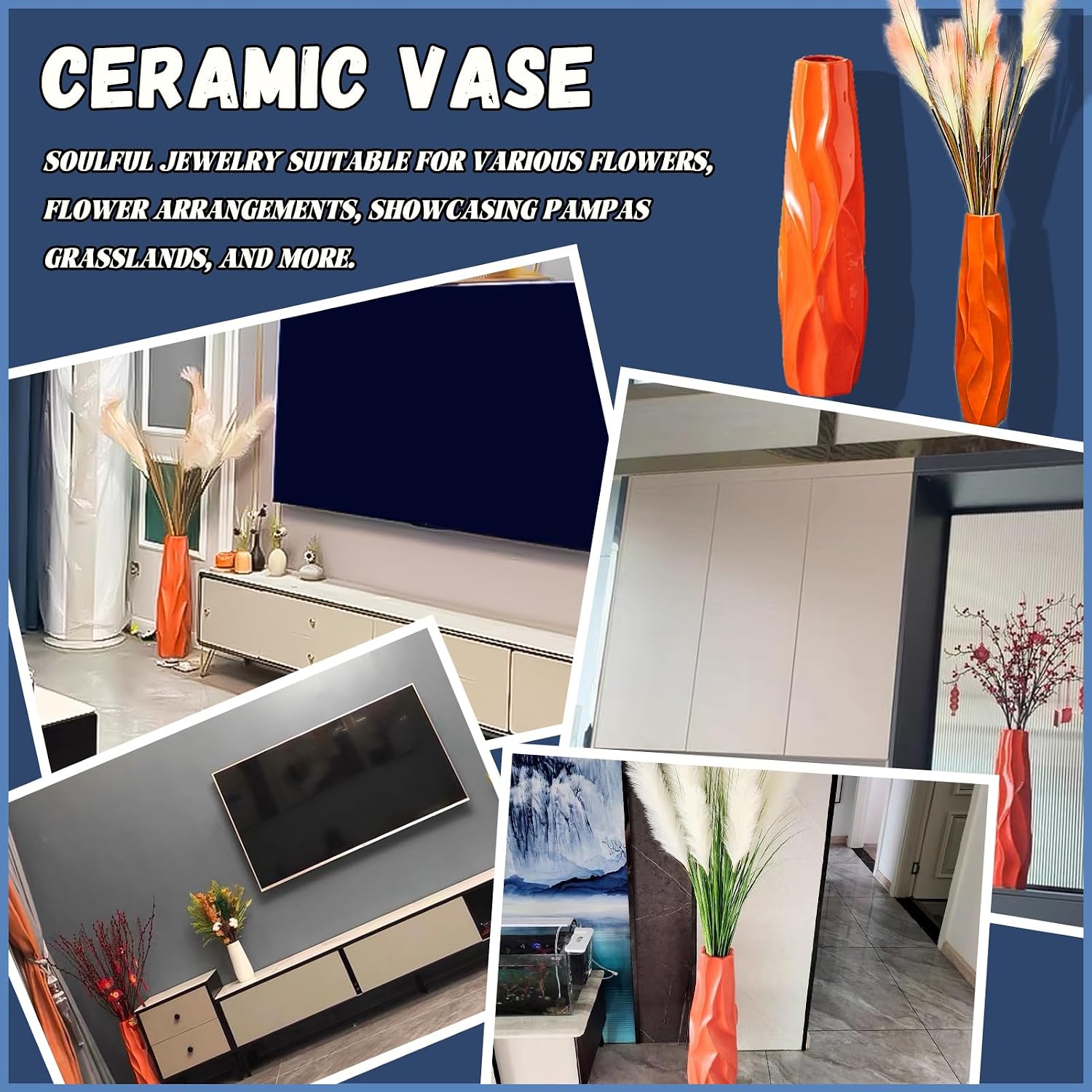 Vases Large Floor Vase,Orange Ceramic Vase,Decorative Tall Flower Holder for Living Room, Home Décor Dried Flower Arrangement Ideal Gift (Color : Orange, Size : 61cm)