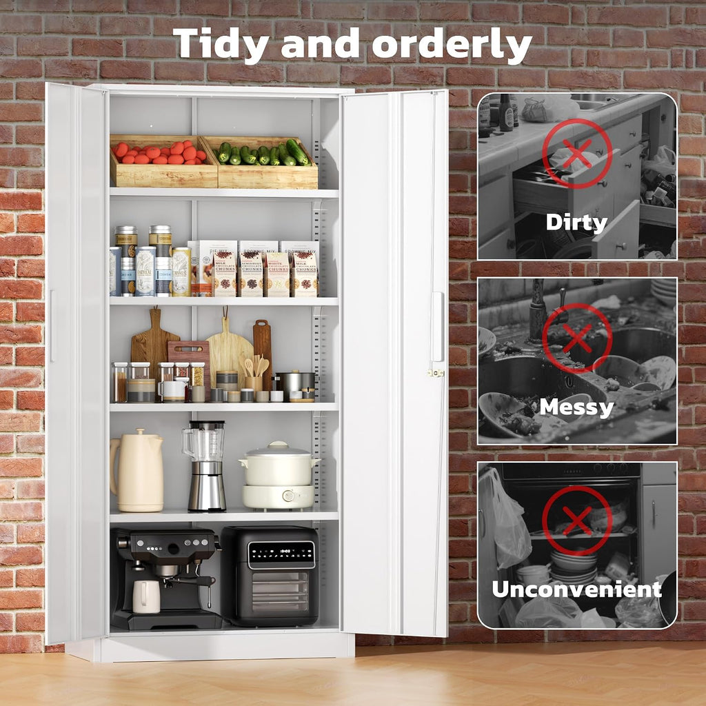 Greenvelly Metal Lockable Storage Cabinet, 72' Storage Cabinet with 2 Doors and 4 Adjustable Shelves for Office, Home, Garage, Pantry (Assembly Required, White)