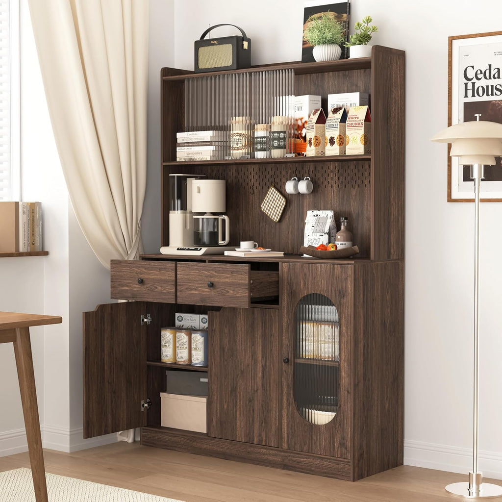 71' Tall Kitchen Pantry Storage Cabinet with Glass Doors Large Capacity Display, Microwave Stand, Bakers Rack with Storage for Kitchen, Pantry, Living Room (Walnut)