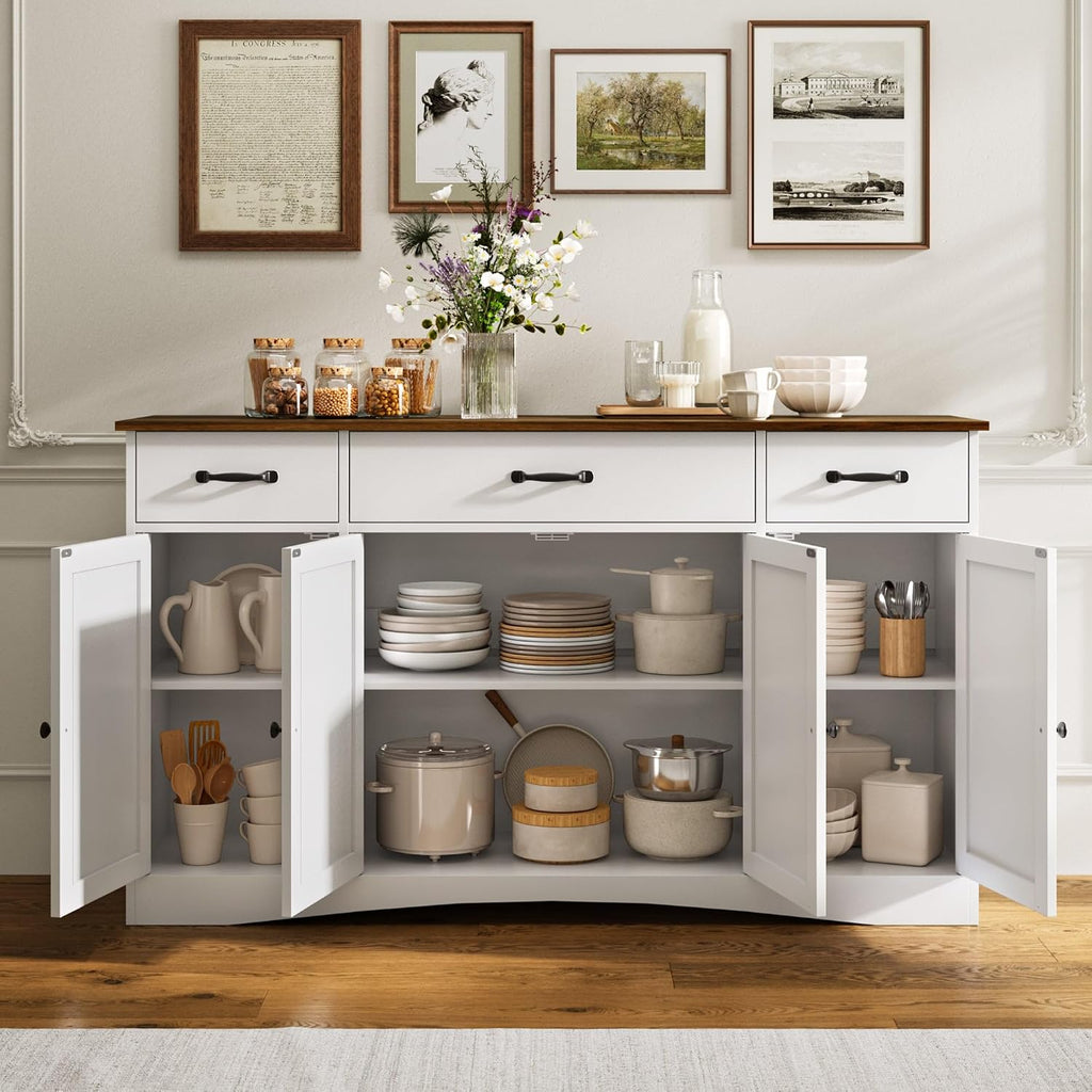 Gizoon Sideboard Buffet Cabinet with Storage, Modern Kitchen Sideboard and Coffee Bar with Drawers and Doors, Wood Buffet Table for Dining Room, 15.2' D x 55.1' W x 31.9' H, White/Rustic Brown