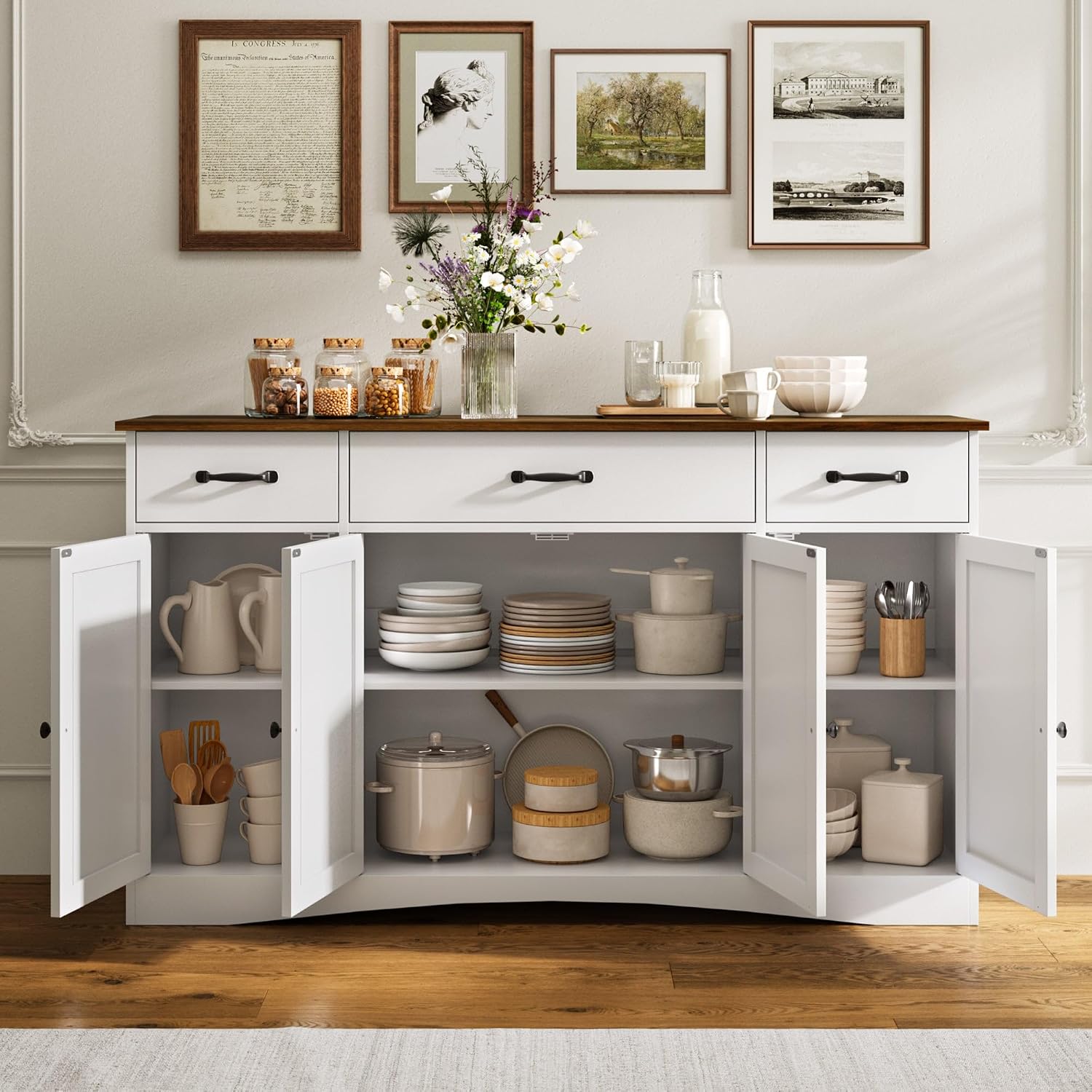 Gizoon Sideboard Buffet Cabinet with Storage, Modern Kitchen Sideboard and Coffee Bar with Drawers and Doors, Wood Buffet Table for Dining Room, 15.2' D x 55.1' W x 31.9' H, White/Rustic Brown