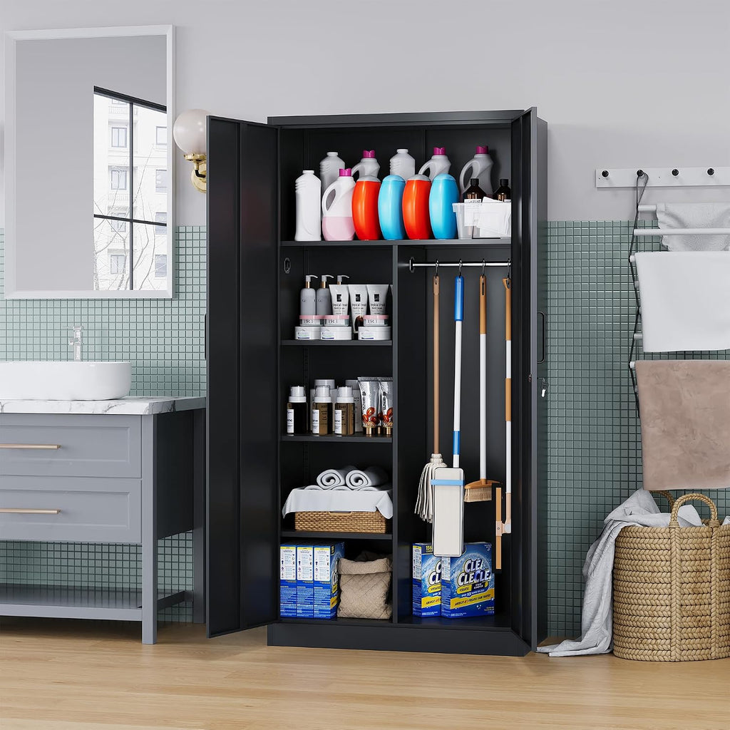 Broom Closet with Lock, Metal Storage Cabinet 36' Wide, 5-Tier Steel Utility Cabinet with Hanging Rod & Doors for Garage, Laundry Room, Warehouse Storage