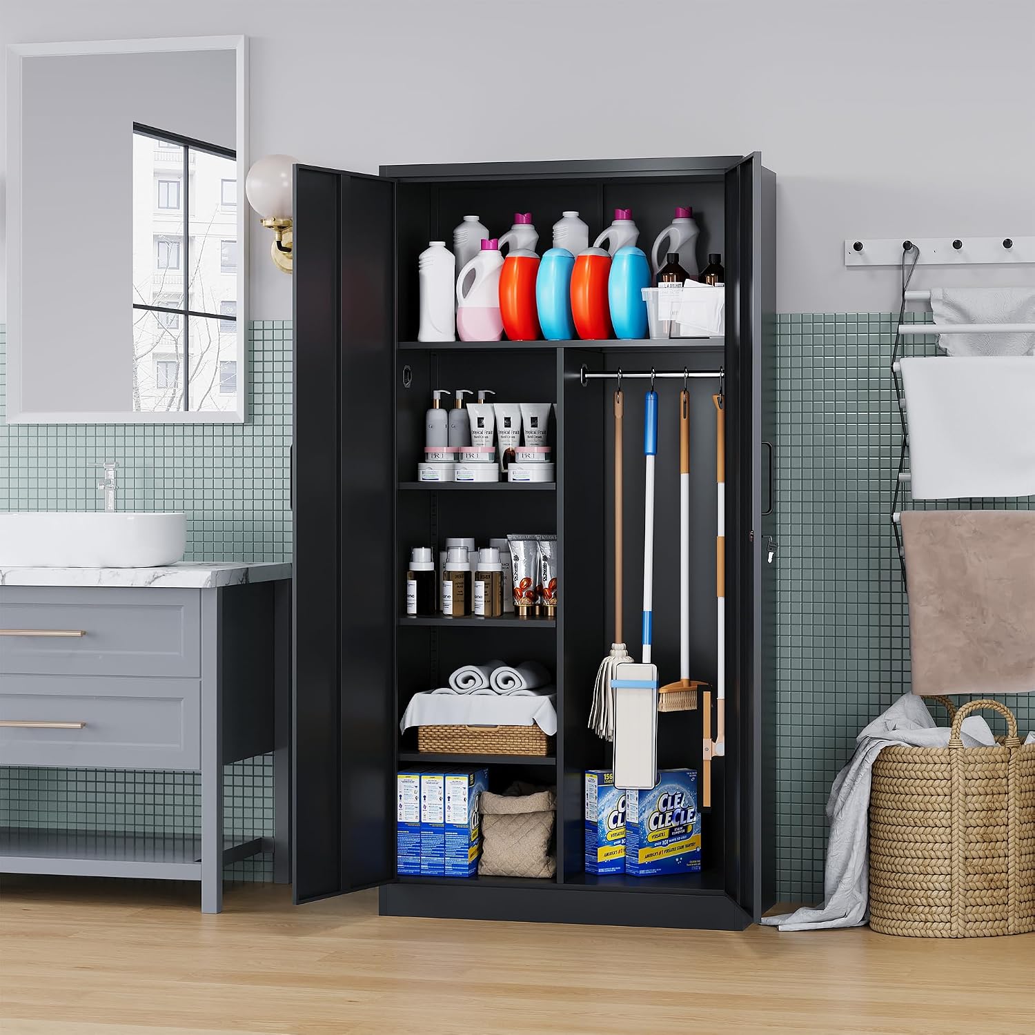 Broom Closet with Lock, Metal Storage Cabinet 36' Wide, 5-Tier Steel Utility Cabinet with Hanging Rod & Doors for Garage, Laundry Room, Warehouse Storage