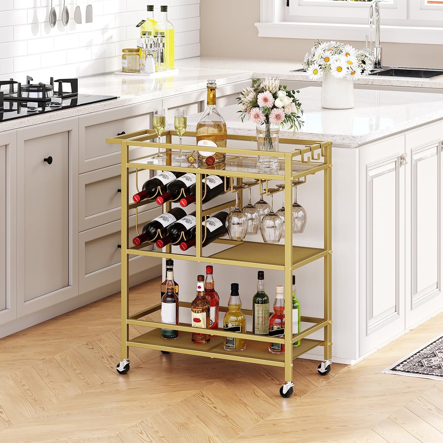 MAHANCRIS Bar Cart for Home and Fridge Stand Bundle, Bakers Rack with Refrigerator, Microwave Stand with Storage, Coffee Bar Station with 1 Drawer, Storage Shelf for Kitchen, RCJ61B01-RSHR5401