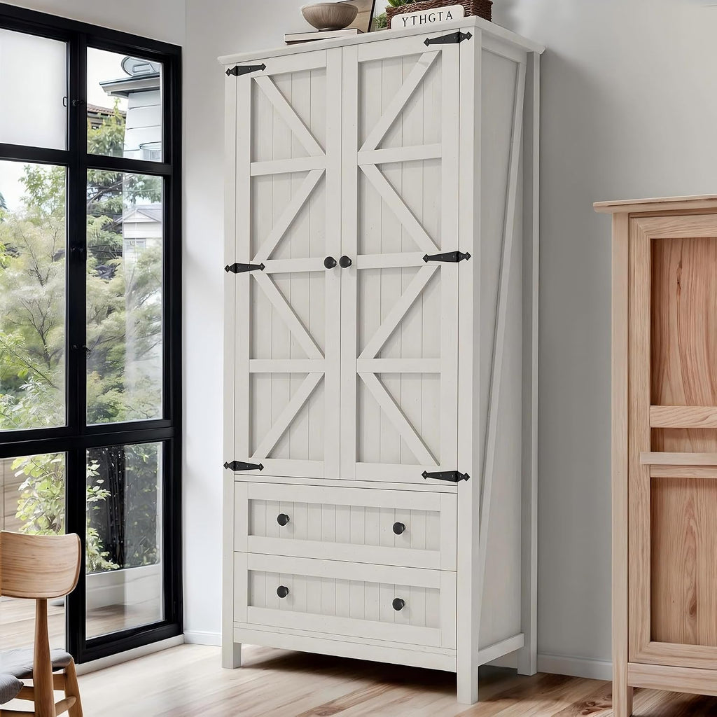 DWVO 64.5' H Kitchen Pantry Cabinet, Storage Cabinet with Barn Doors, 2 Drawers and Adjustable Shelves, Farmhouse Cupboard for Dining Room, Living Room, Bathroom, Off White