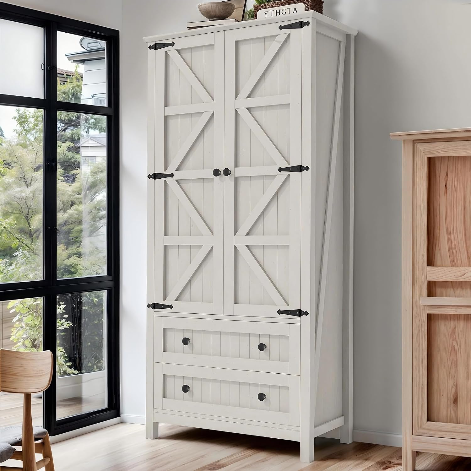 DWVO 64.5' H Kitchen Pantry Cabinet, Storage Cabinet with Barn Doors, 2 Drawers and Adjustable Shelves, Farmhouse Cupboard for Dining Room, Living Room, Bathroom, Off White