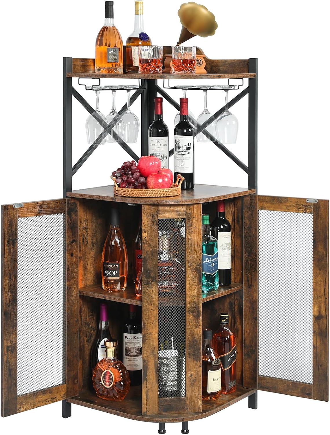 JKsmart Corner Bar Cabinet with LED Lights,Industrial Wine Cabinet with Glass Holder,4-Tier Wine Cabinet with Door and Shelf,Farmhouse Home Bar for Liquor Wine Coffee Storage,Rustic Brown
