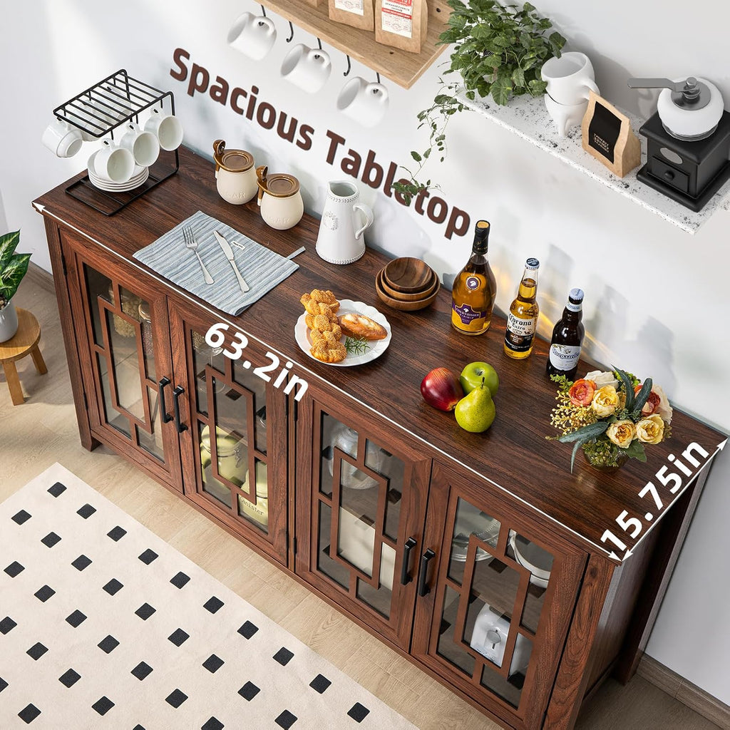 Joaxswe Large Sideboard Buffet Cabinet with Storage, 63' Farmhouse Credenza with 4 Glass Doors, Adjustable Shelves Console Table, Wood Kitchen Coffee Bar for Dining Room, Living Room, Brown