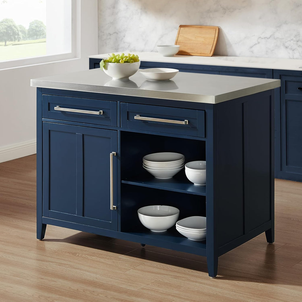 Crosley Furniture Silvia Stainless Steel Top Kitchen Island, Microwave Stand, Coffee Bar, with Shelves, Navy/Stainless Steel