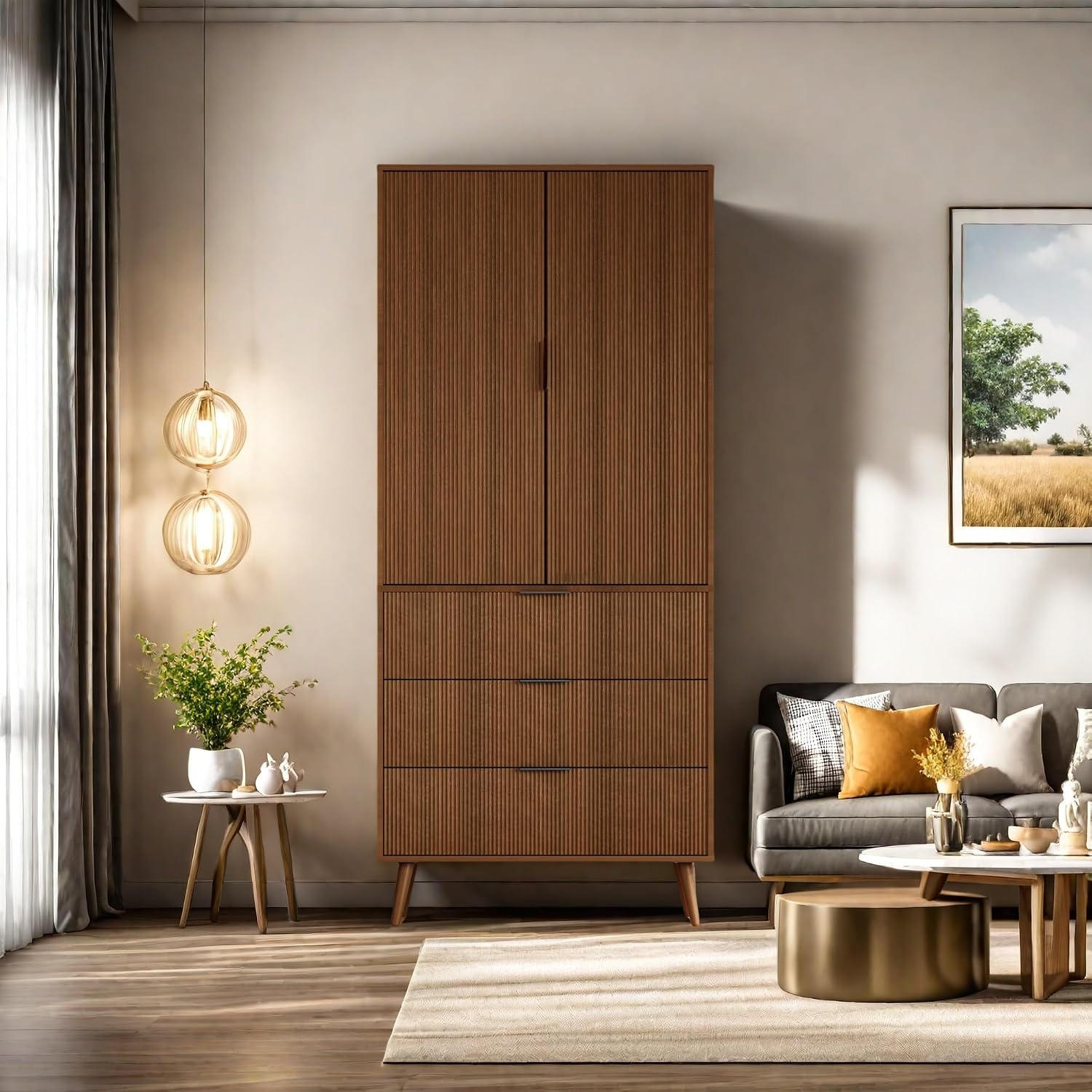 Tall Storage Cabinet, Kitchen Pantry Cabinet with Adjustable Shelves & Fluted Panel Design, Wood Cupboard with 3 Drawers 2 Doors, Tall Home Cupboard for Living Room, Kitchen, Walnut