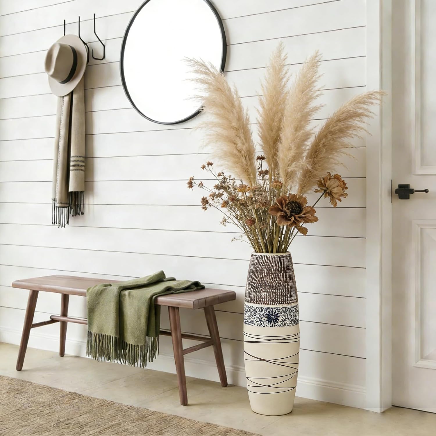 Tall Floor Vase 32 inches, Thick Ceramic Large Rustic Vases for Home Decor Living Room, Boho Textured Decorative Vases Wide Mouth Opening Corner Vase for Flowers Stems