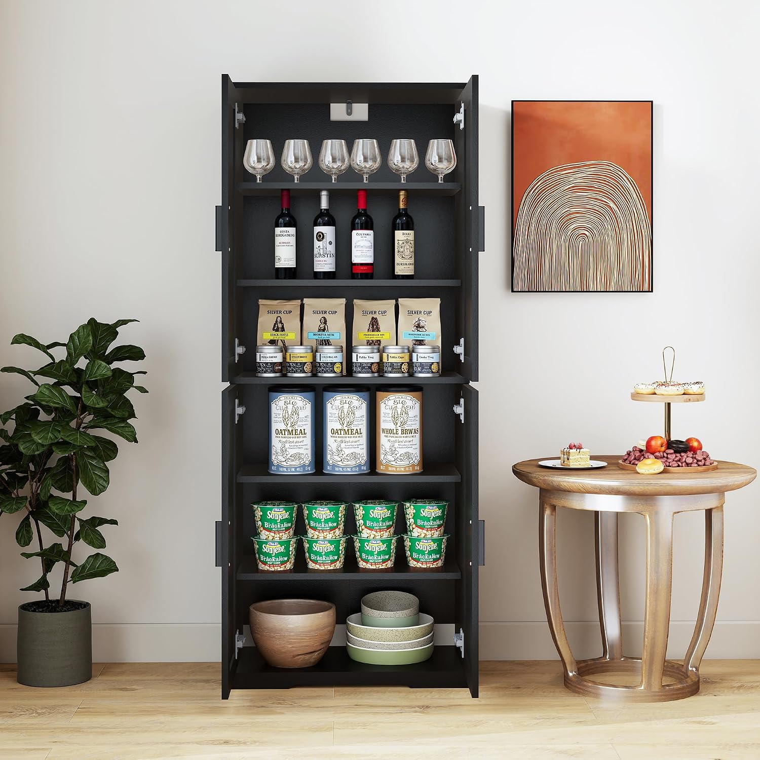 Farmhouse Storage Cabinet with 4 Door, Kitchen Pantry Storage with 4 Adjustable Shelves Wooden Cupboard for Kitchen, Dining Room, Living Room, Bathroom (Black)