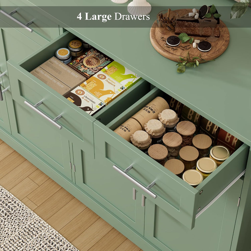 HOSTACK 60' Large Buffet Sideboard with Storage, 36' Tall Kitchen Buffet Storage Cabinet with 4 Drawers, Modern Coffee Bar Cabinet with Silver Handles, Long Sideboard Buffet Table for Kichen, Green