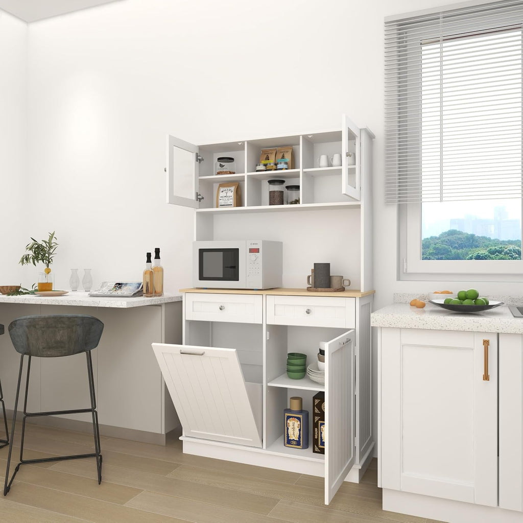 68' Tilt-Out Trash Freestanding Storage Cabinet, Kitchen Storage Bakers Rack with 3 Shelves, Utility Food Cupboard for Home/Kitchen, White