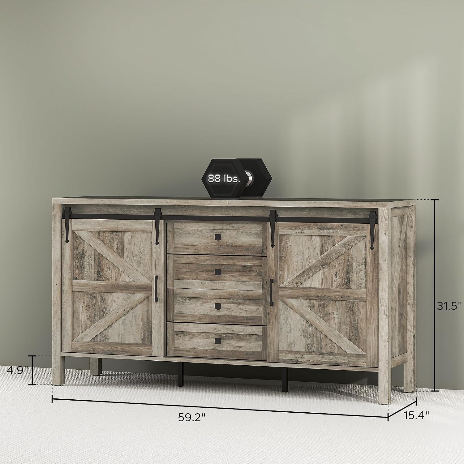 HOMCOM 59 Inch Farmhouse Sideboard Buffet Cabinet with Thick Top, Coffee Bar Cabinet with 2 Sliding Barn Doors, 4 Drawers and 2 Adjustable Shelves for Kitchen, Gray Wash
