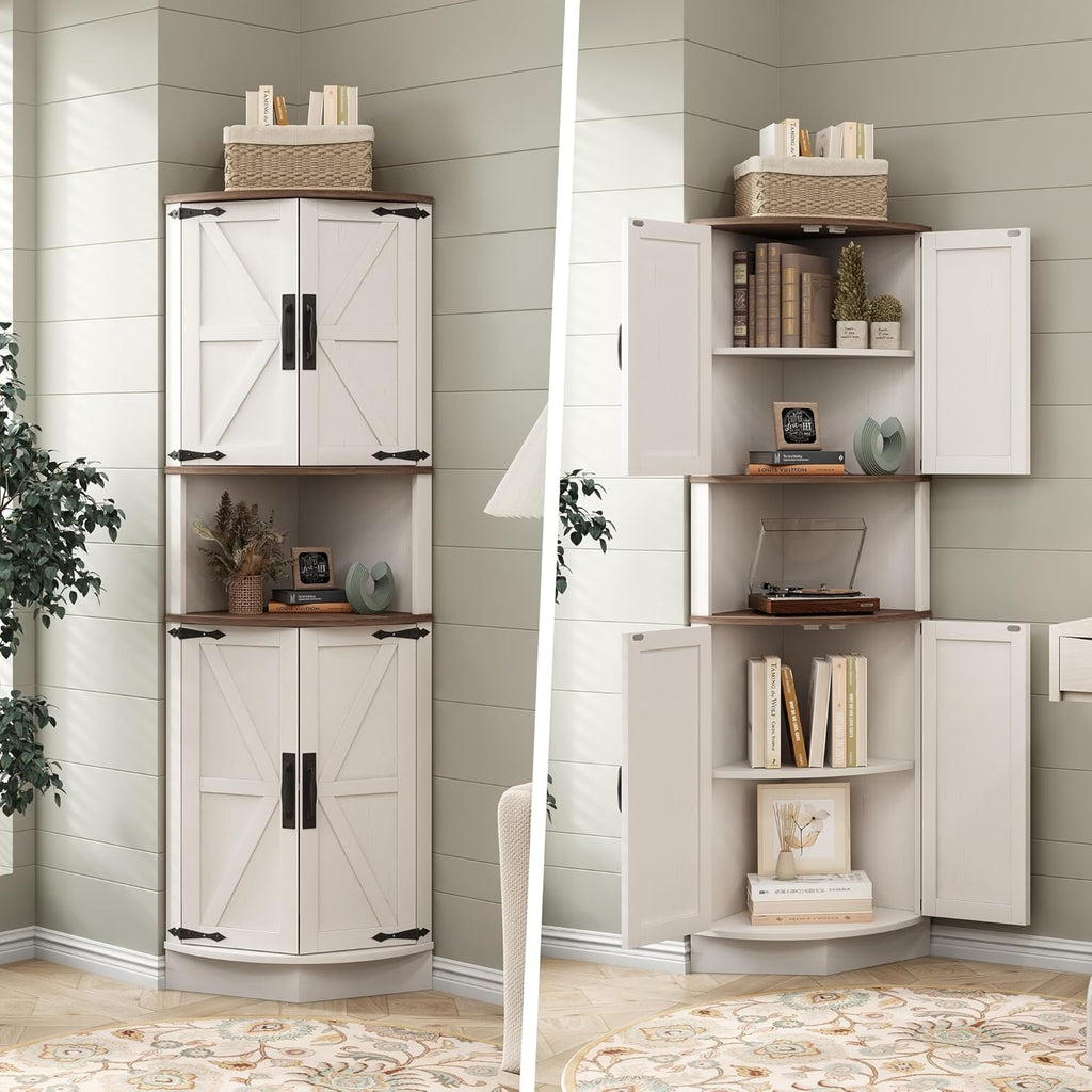 Vabches 64.8' Tall Farmhouse Corner Cabinet with 4 Doors and 5 Storage Shelves, Farmhouse Storage Cabinet with Barn Door Design, Home Space Saver for Living Room, Kitchen, Laundry Room,White