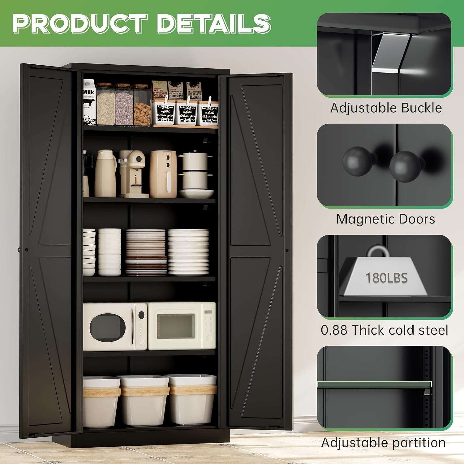 INTERGREAT Metal Storage Cabinet with Magnetic Doors, 63' H Modern Classic Style Metal Cabinets with 2 Doors and 4 Adjustable Shelves for Home Office, Kitchen, Bathroom (Black)