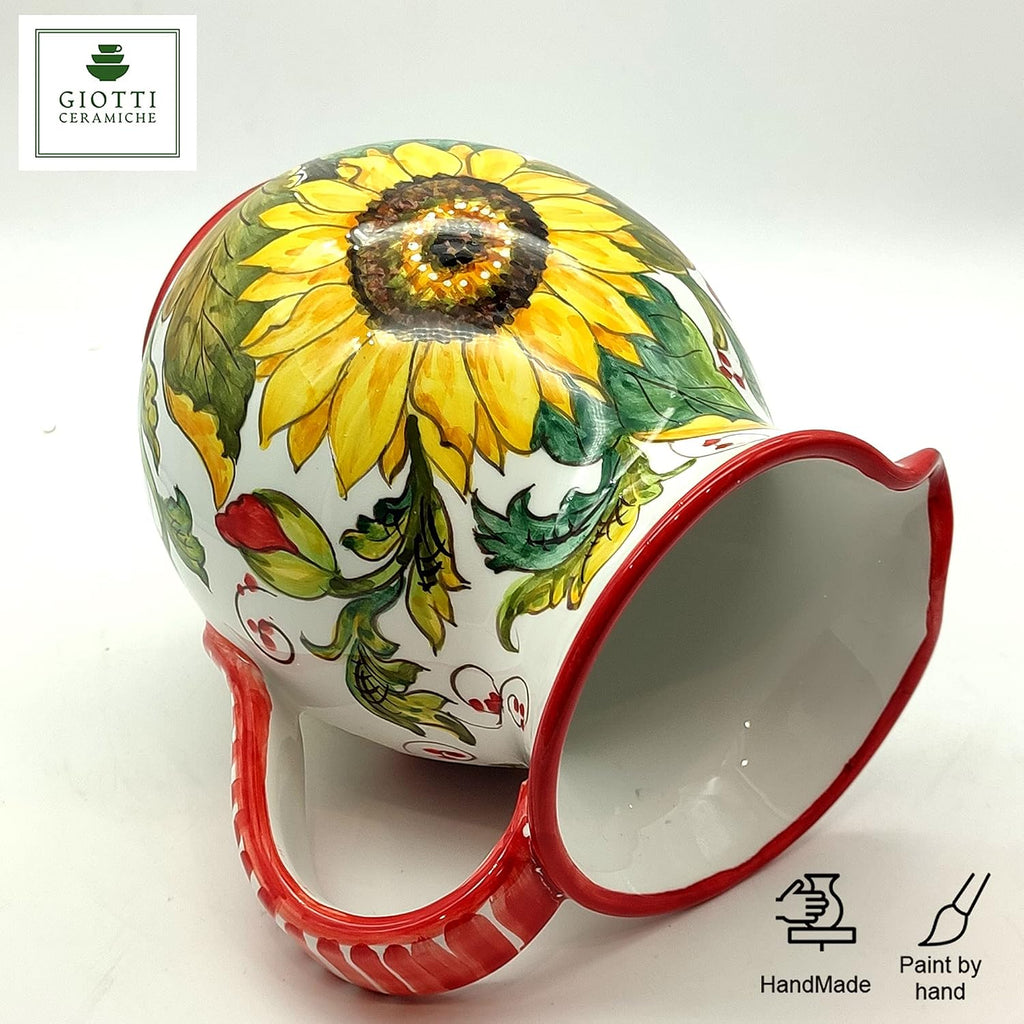 Italian Ceramic Pitcher Poppies Sanflower - 33 oz Hand Painted Utensil Holder Or Carafe Design for Kitchen - Made in ITALY Tuscany - Italian Pottery Vase Jar for Wine - Home Decor Ceramics