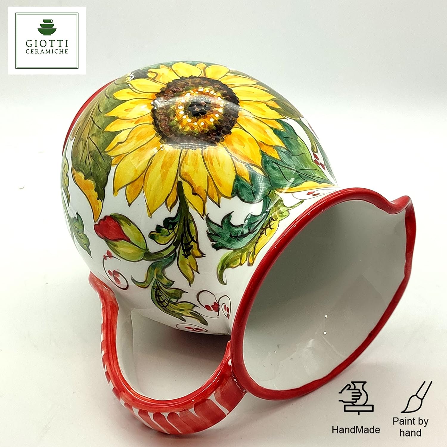 Italian Ceramic Pitcher Poppies Sanflower - 33 oz Hand Painted Utensil Holder Or Carafe Design for Kitchen - Made in ITALY Tuscany - Italian Pottery Vase Jar for Wine - Home Decor Ceramics
