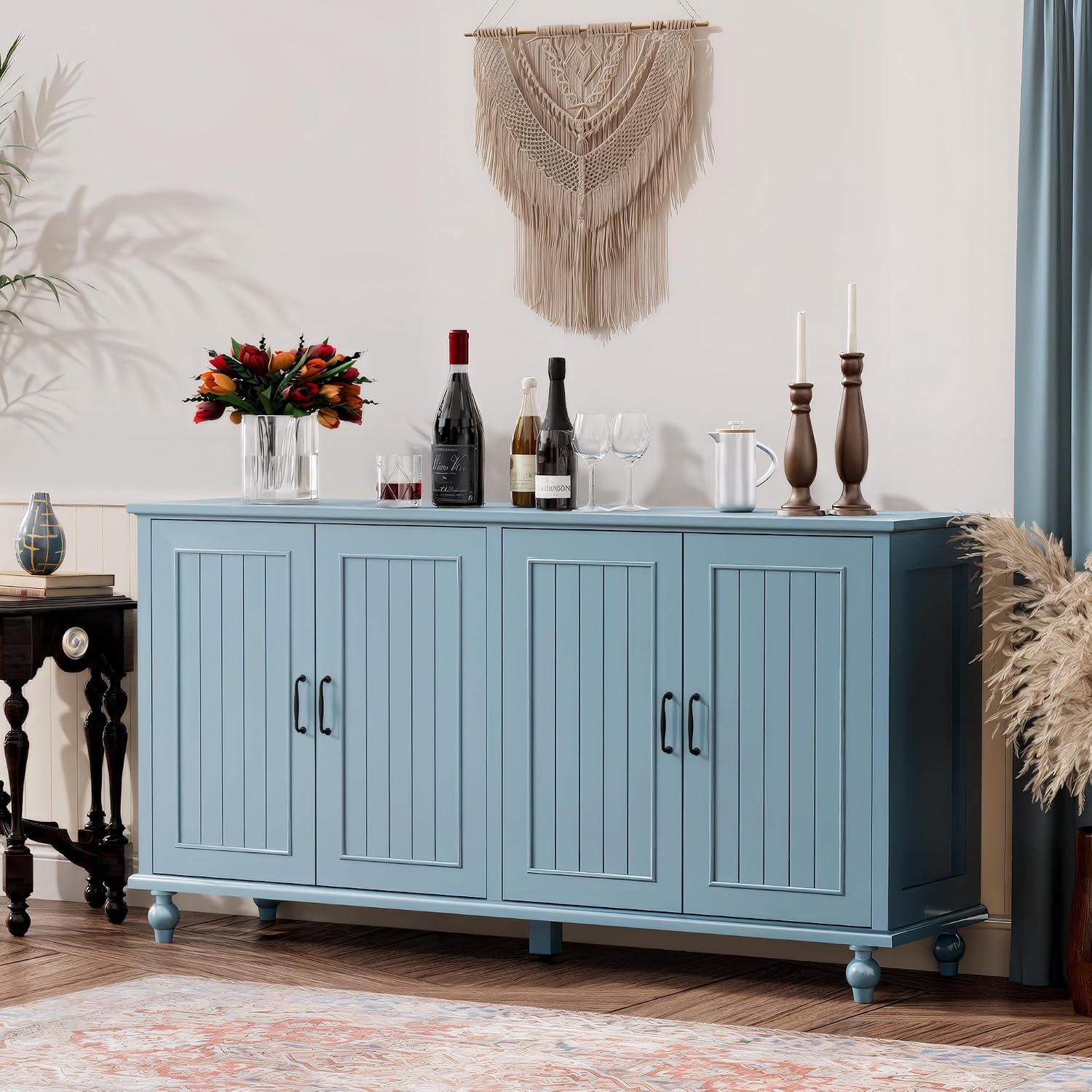 Scurrty Buffet Cabinet with Storage, 62'' Coffee Bar in Kitchen, Buffet with 4 Doors,Sideboard Buffet Cabinet for Dinning Room, Kitchen & Living Room (4 Doors, Blue)